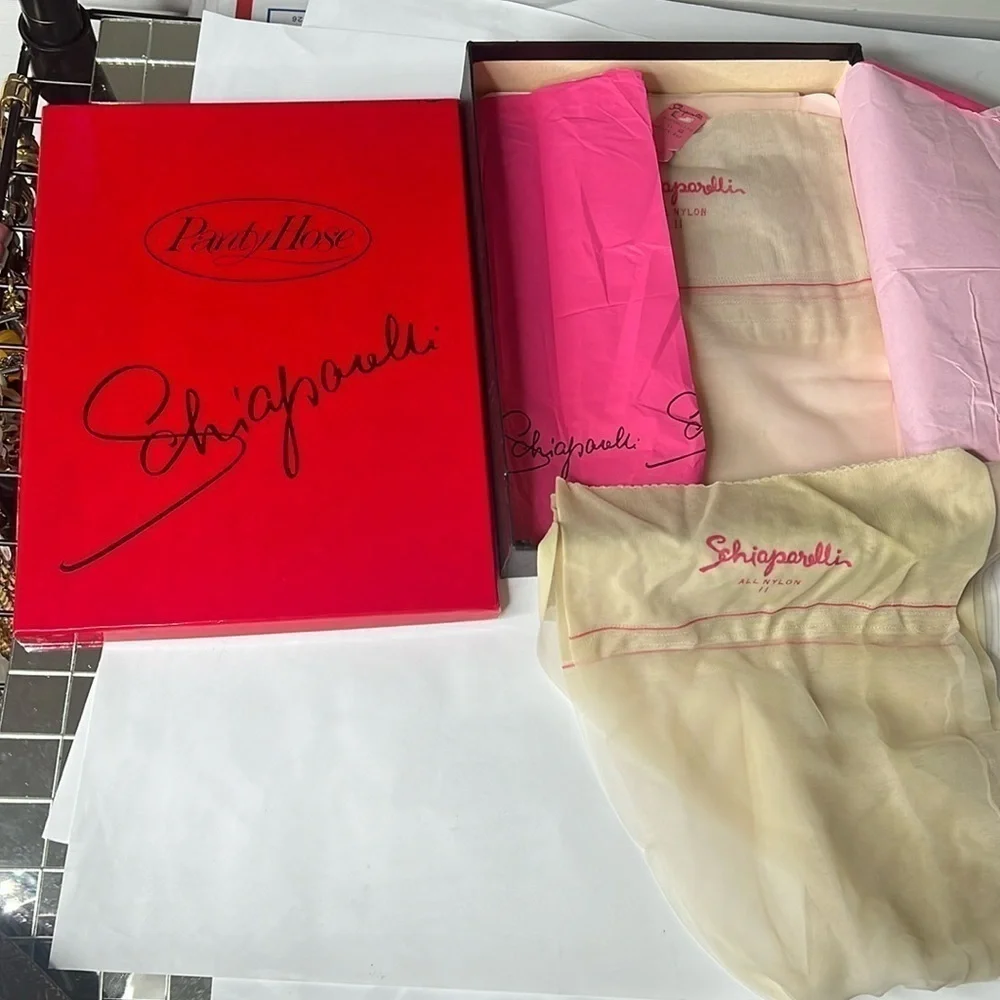 Vintage Schiaparelli 2 PAIR NEW Nylon Stockings in Original Box w Paper One Size